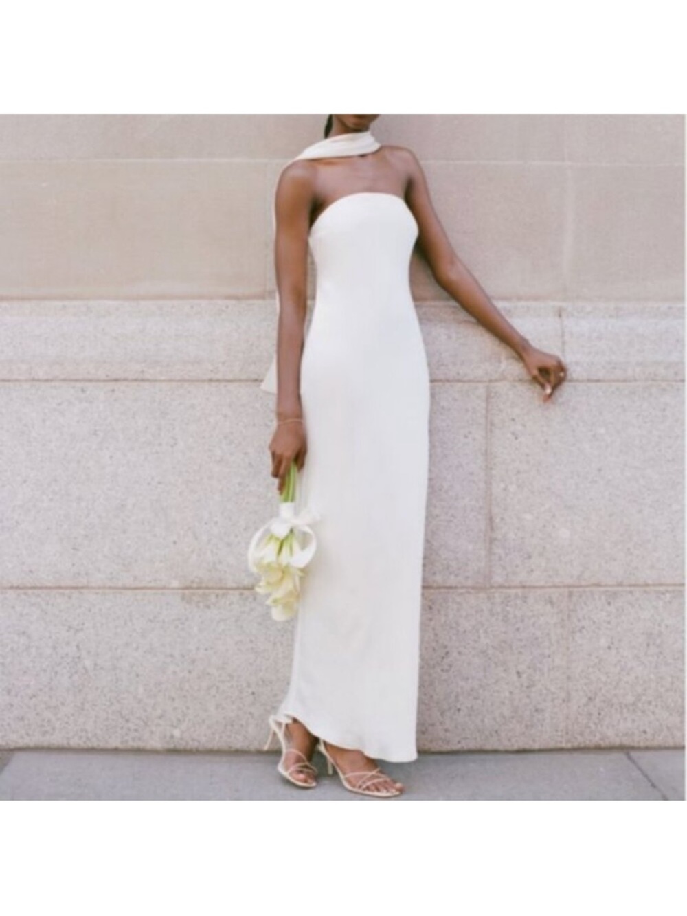 Abercrombie & Fitch Strapless Cream Column Gown with Neck Scarf